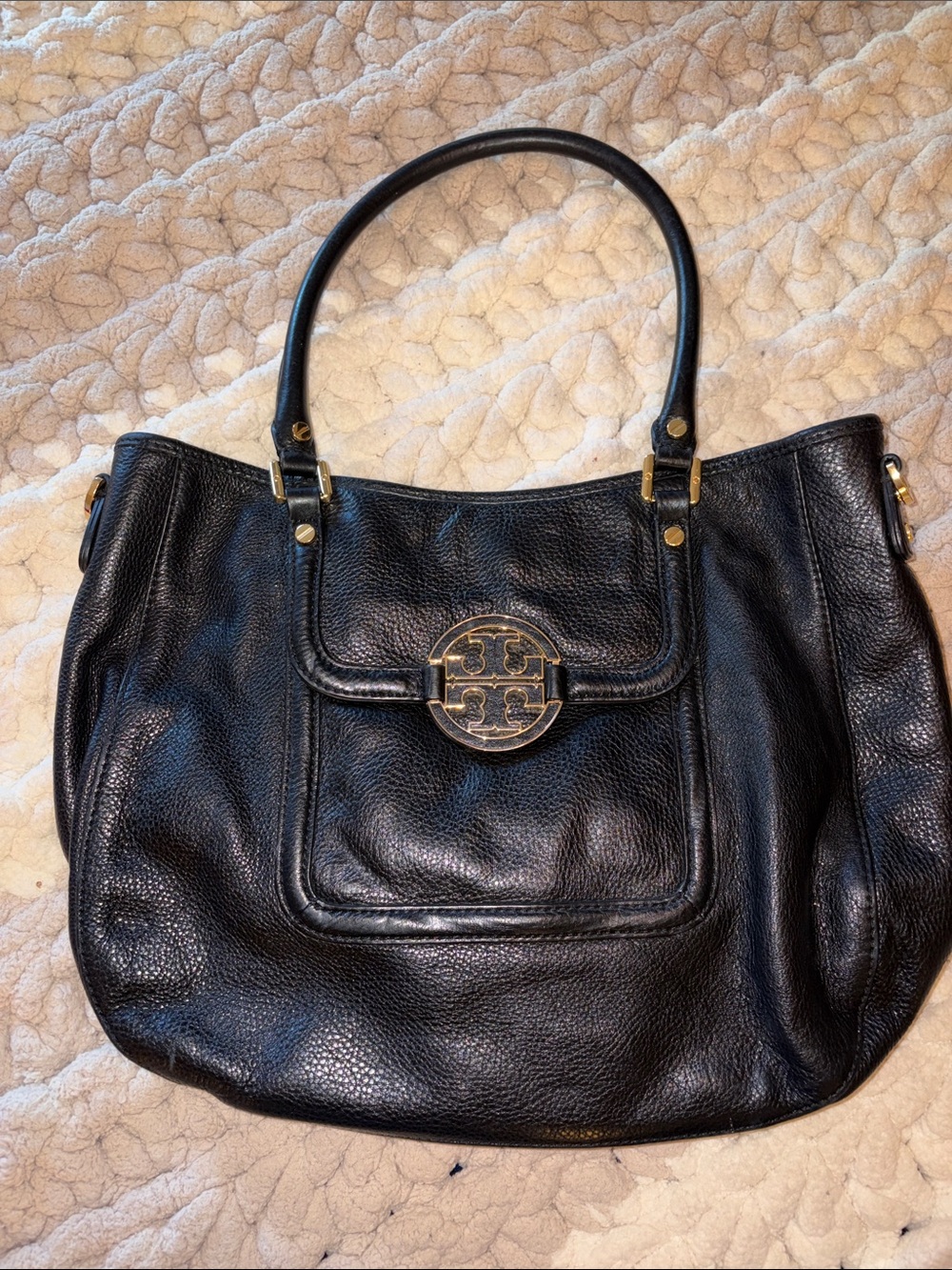 Tory Burch Black Pebbled Leather Shoulder Bag with Gold Logo
